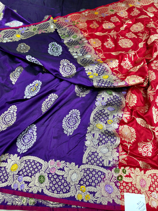 Contrast Blue Red Handwoven Masterpiece Banarasi Pure Katan Silk Saree