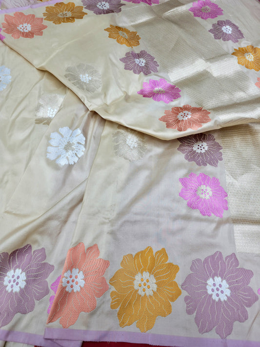 Cream Handwoven Masterpiece Banarasi Pure Katan Silk Saree