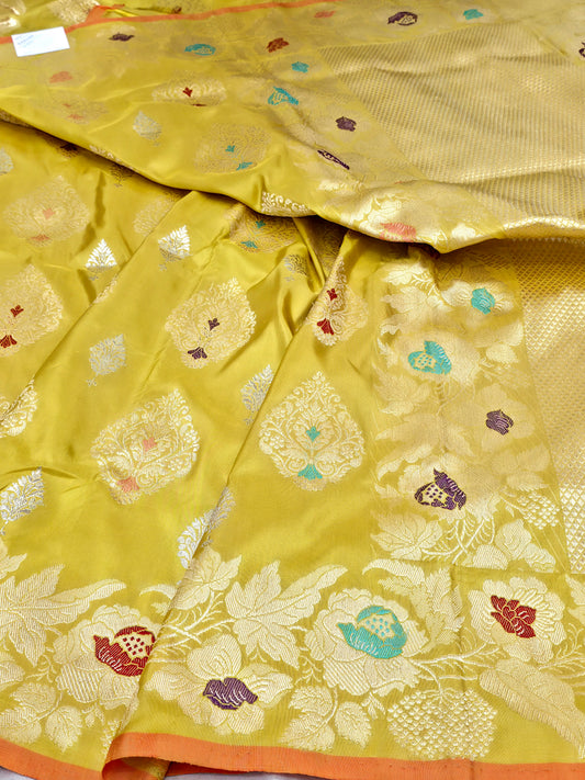 Yellow Handwoven Masterpiece Banarasi Pure Katan Silk Saree
