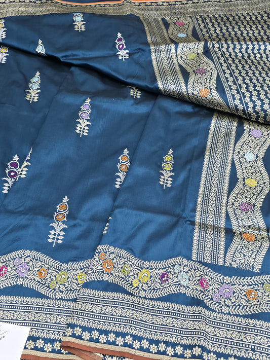 Navy Blue Handwoven Masterpiece Banarasi Pure Katan Silk Saree