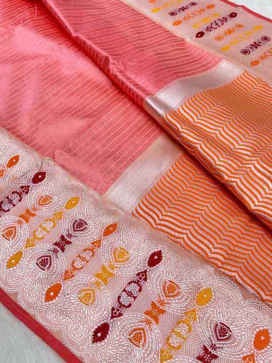 Soft Pich Pure Kora Silk Banarasi Handloom Saree