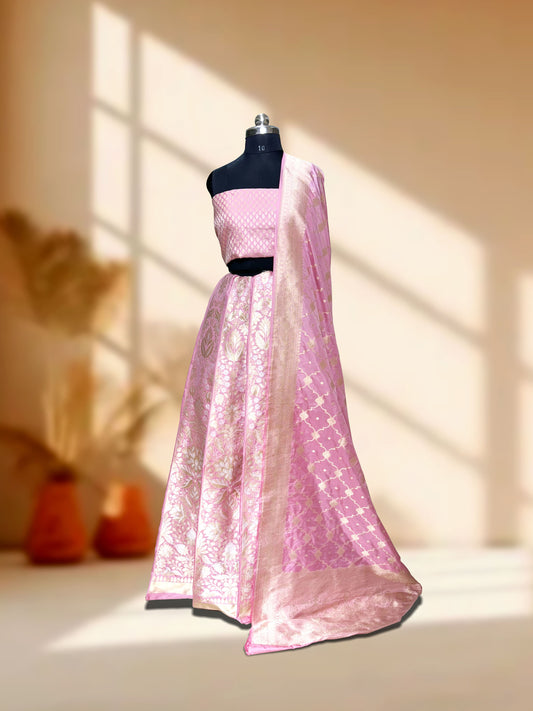 Pink Handwoven Masterpiece Banarasi Pure Katan Silk Lehenga