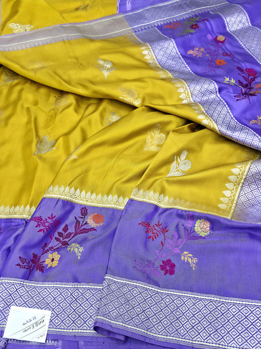 Contrast Yellow Blue Masterpiece Banarasi Pure Katan Silk Saree