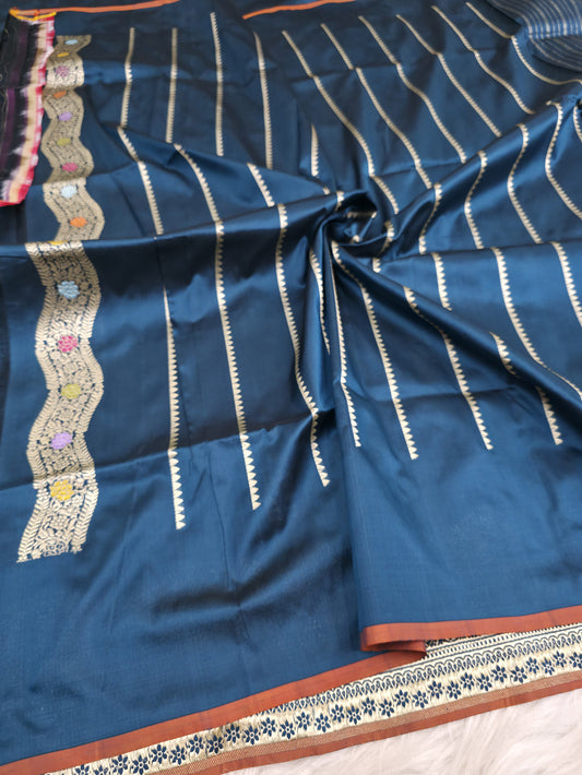 Navy Blue Handwoven Masterpiece Banarasi Pure Katan Silk Saree