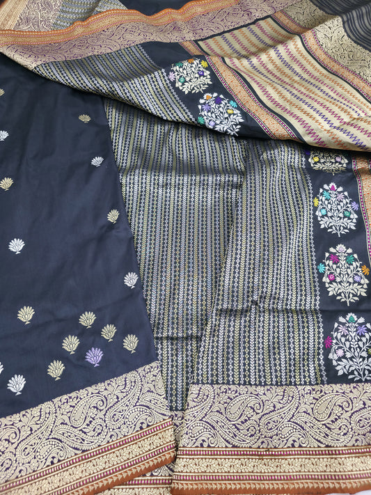 Black Handwoven Masterpiece Banarasi Pure Katan Silk Saree