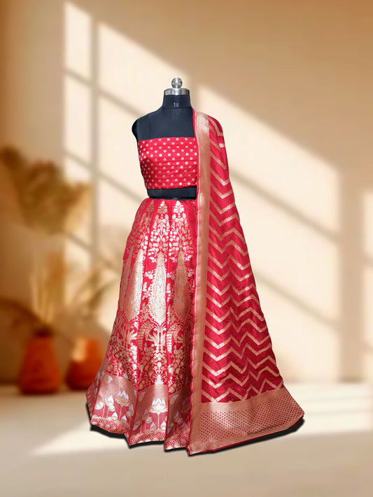 Red Handwoven Masterpiece Banarasi Pure Katan Silk Lehenga