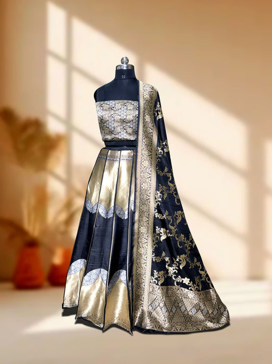 Black Handwoven Masterpiece Banarasi Pure Katan Silk Lehenga
