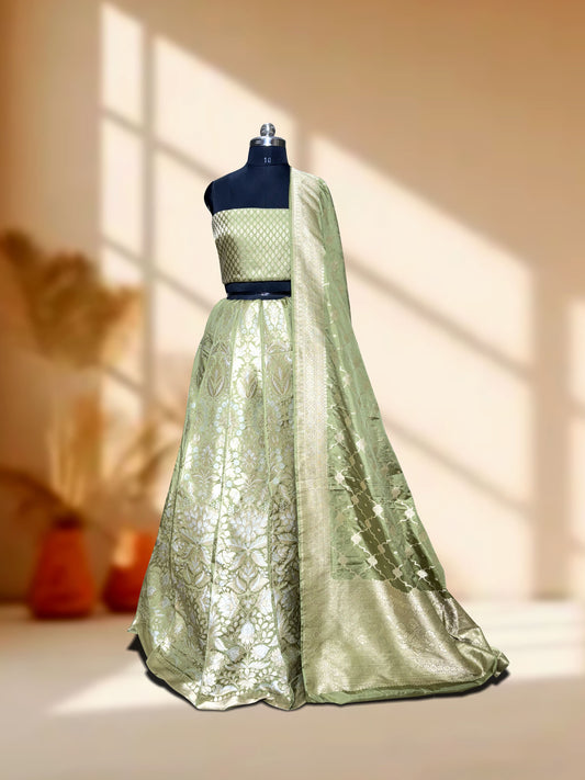 Pista Green Handwoven Masterpiece Banarasi Pure Katan Silk Lehenga