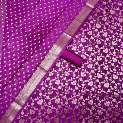 Purple Jacquard Pure Chanderi Unstitched Suit Set