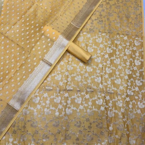 Mustard Jacquard Pure Chanderi Unstitched Suit Set