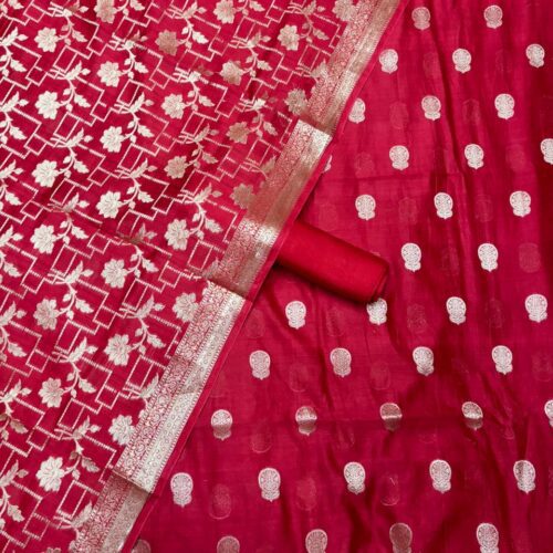 Red Jacquard Pure Chanderi Unstitched Suit Set