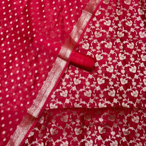 Red Pure Chanderi Unstitched Suit Set